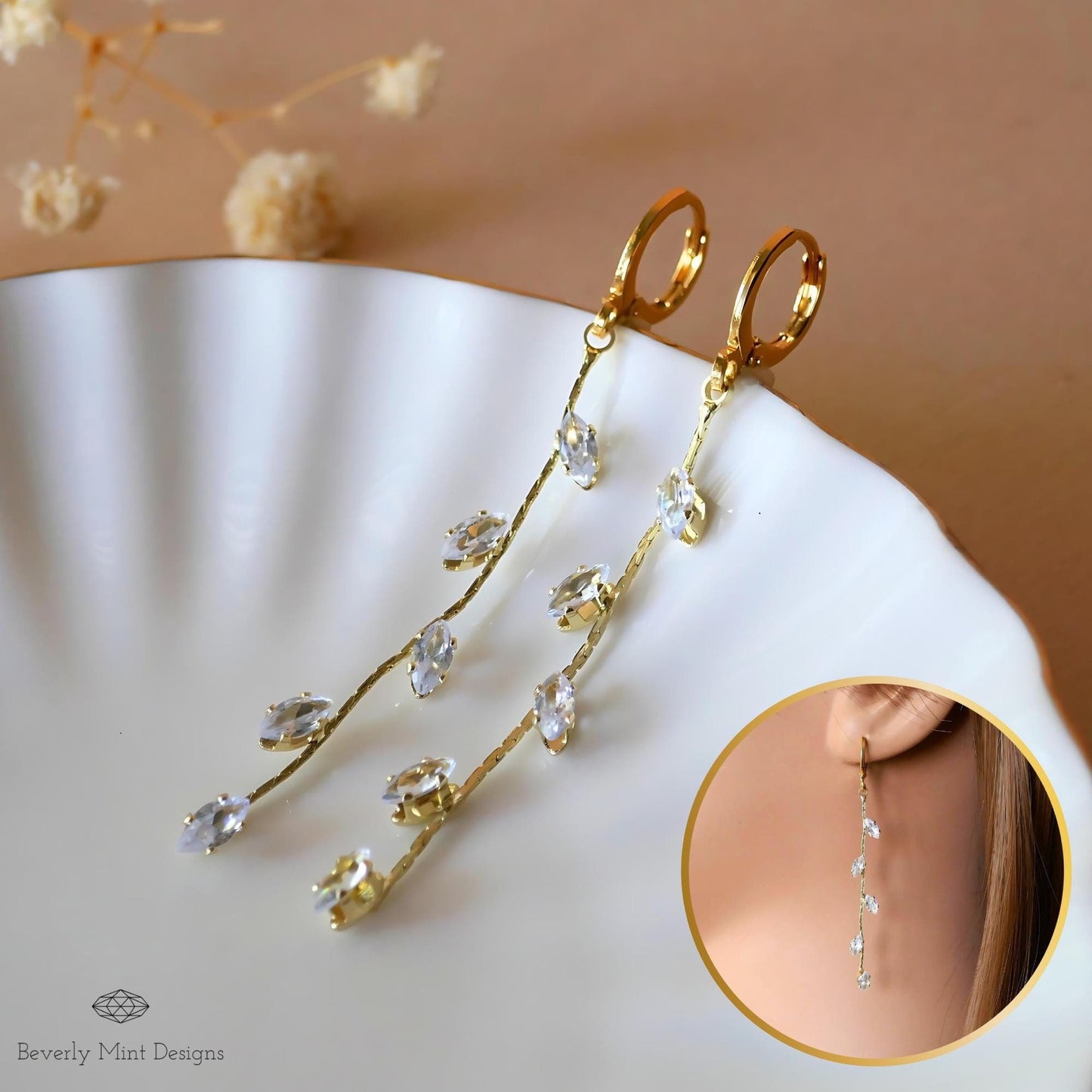 Gold Leaf Earrings, Leaves Earrings, 18K Gold Long Dangle Earrings, Leafy Earrings, Bridesmaid Jewelry, Wedding Gift, Gift For Her