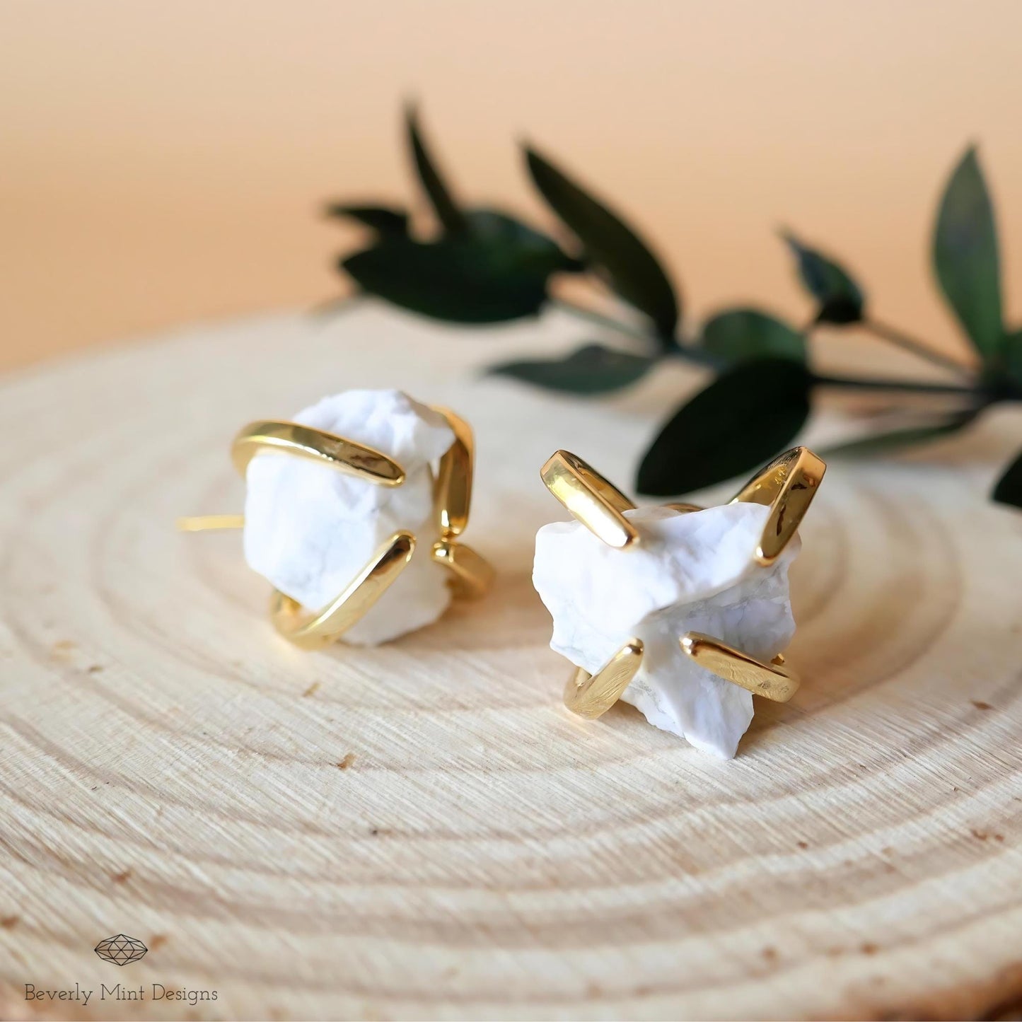 Howlite Stud Earrings with 18K Gold, White Stone Earrings, 1/2 -3/4 inches, Natural Raw Birthstone For June, Chakra Stones, Gift For Her
