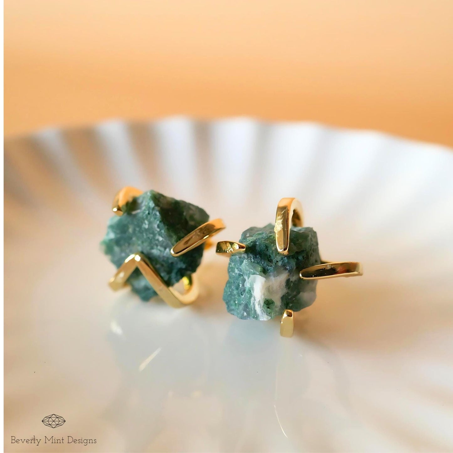Aquatic Agate Stud Earrings with 18K Gold, Green Stone Earrings, 1/2 - 3/4 inches, Natural Raw Stone Earrings, Chakra Stone