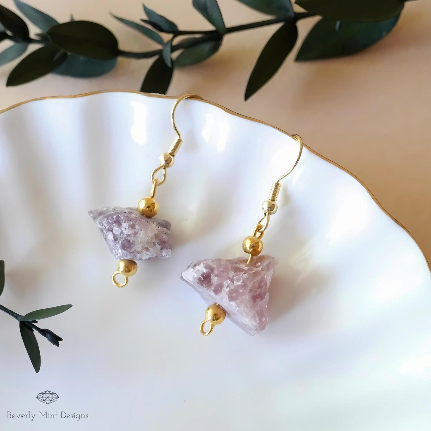 Irregular Rough Natural Raw Stone Earrings, Strawberry Quartz Earrings with 18K Gold Posts ,Natural Stone Jewelry, Gift for Her