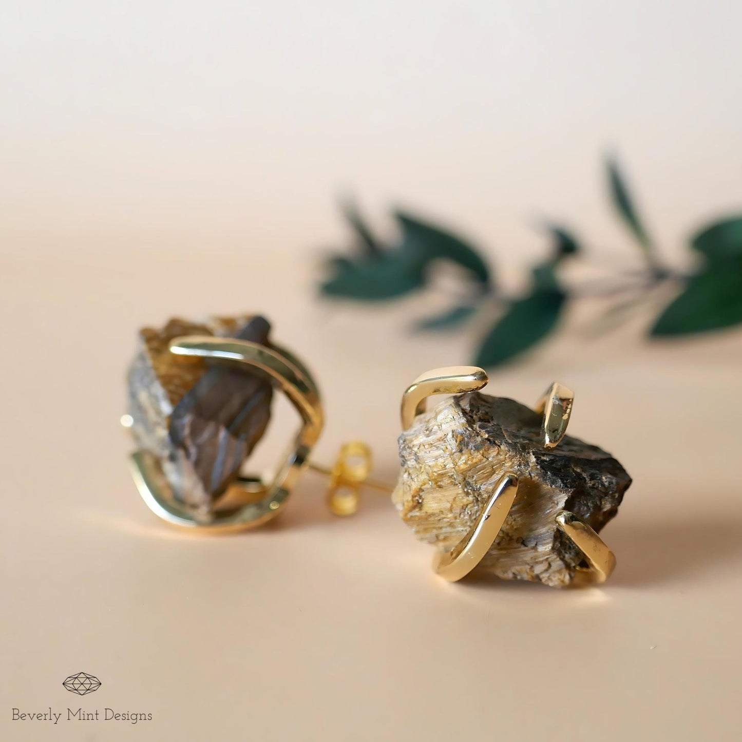 Tiger's Eye Stud Earrings with 18K Gold, Healing Stone Earrings, 1/2 -3/4 inches, Natural Raw Stone Earrings, Chakra Stones