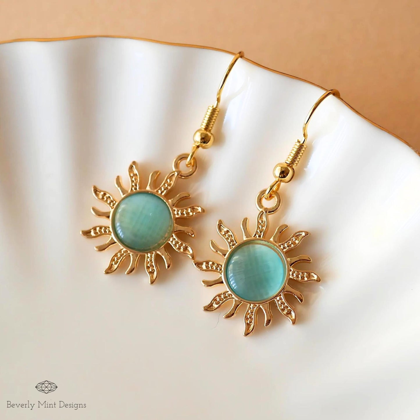 Sun Earrings, 18K Gold Boho Sun Earrings, Turquoise Blue Earrings, Bohemian Style Earrings, Gold Sunburst Earrings, Gift For Her