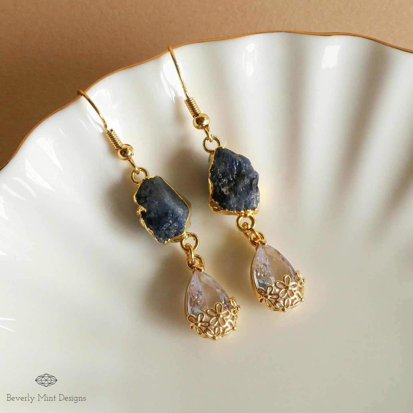 Sapphire Raw Stone Earrings with CZ, 18K Gold Birthstone Jewelry, Raw Stone Earrings, Chakra , Blue Earrings , September Birthstone, Gift
