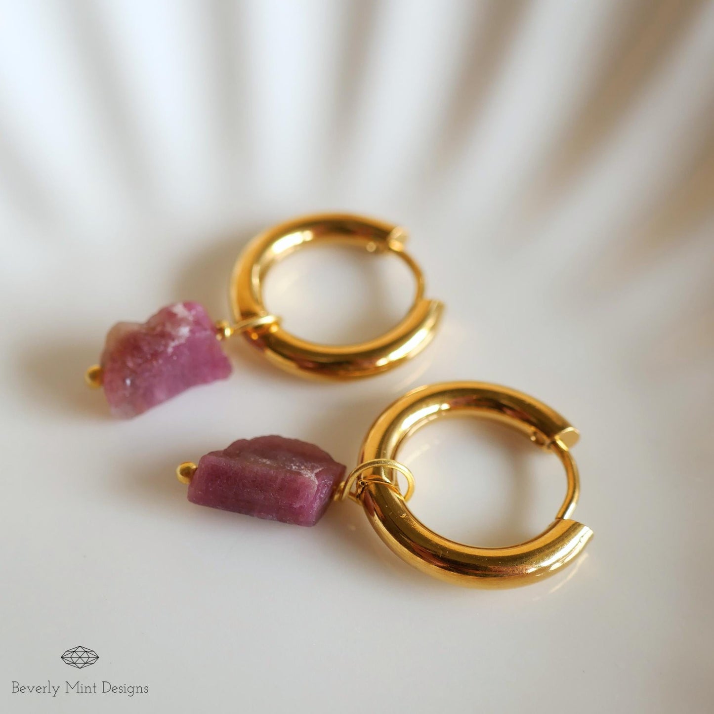 Raw Pink Tourmaline Stone Earrings, 18K Gold Huggie Hoop Earrings with October Birthstone, Red Stone Earrings , Purple/Red Jewelry, Chakra