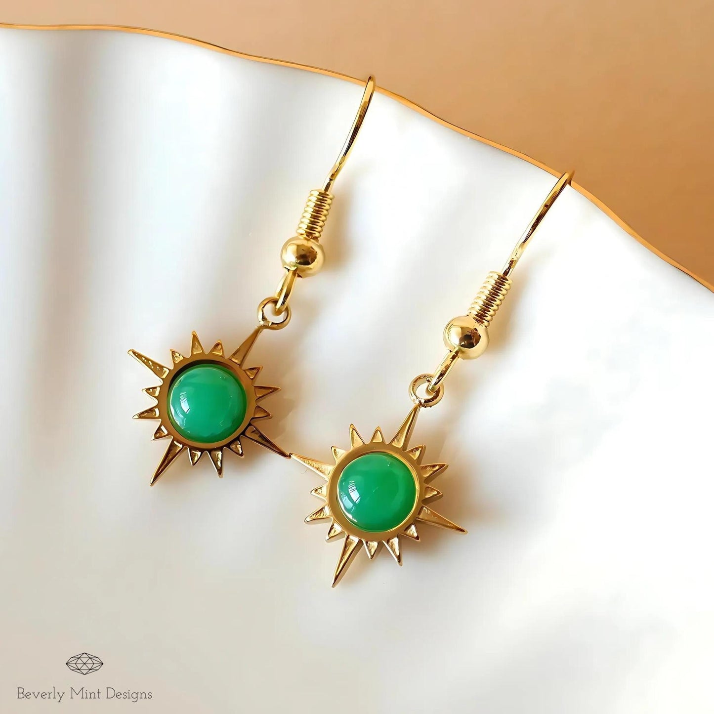 Sun Earrings ,Boho Sun Earrings 18K Gold Plated Small Earrings, Green Earrings , Boho Style Earrings , Gold Sunburst Earrings, Gift For Her
