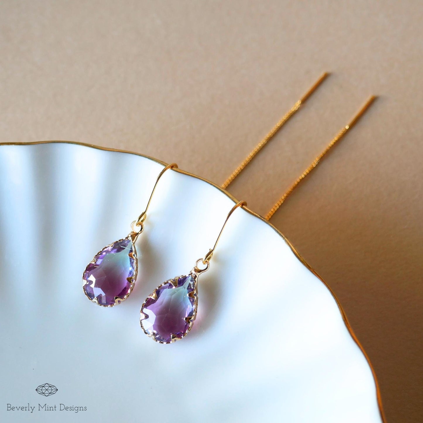 Teardrop Crystal Earrings , Purple & Blue Ombre Drop Earrings , Long Threader Earrings for Women , Handmade Boho Jewelry Gift