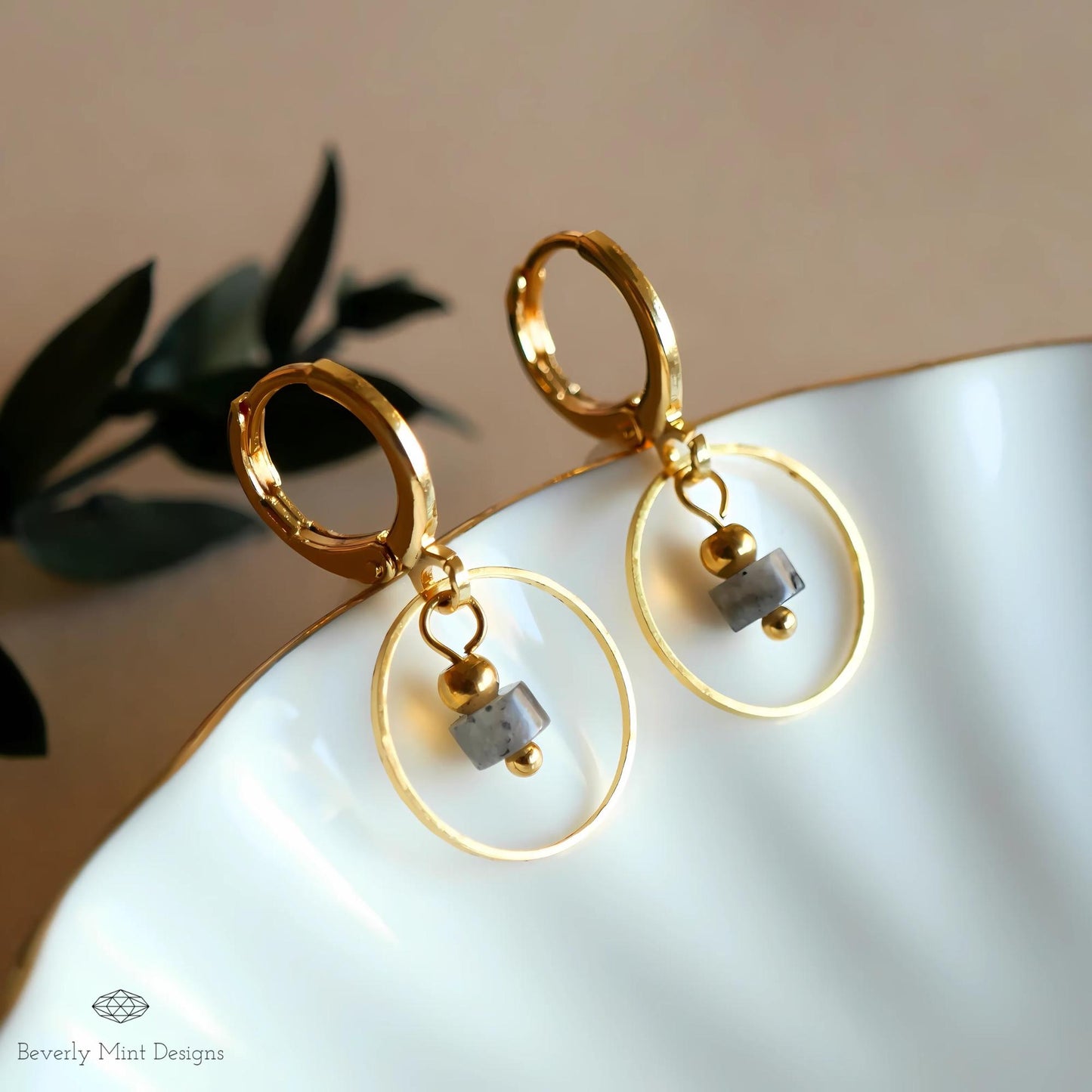 Gold Circle Hoop Earrings with Stone Charm, Minimalist Geometric Dangle Hoops, Modern Statement Jewelry, Elegant Gift for Her