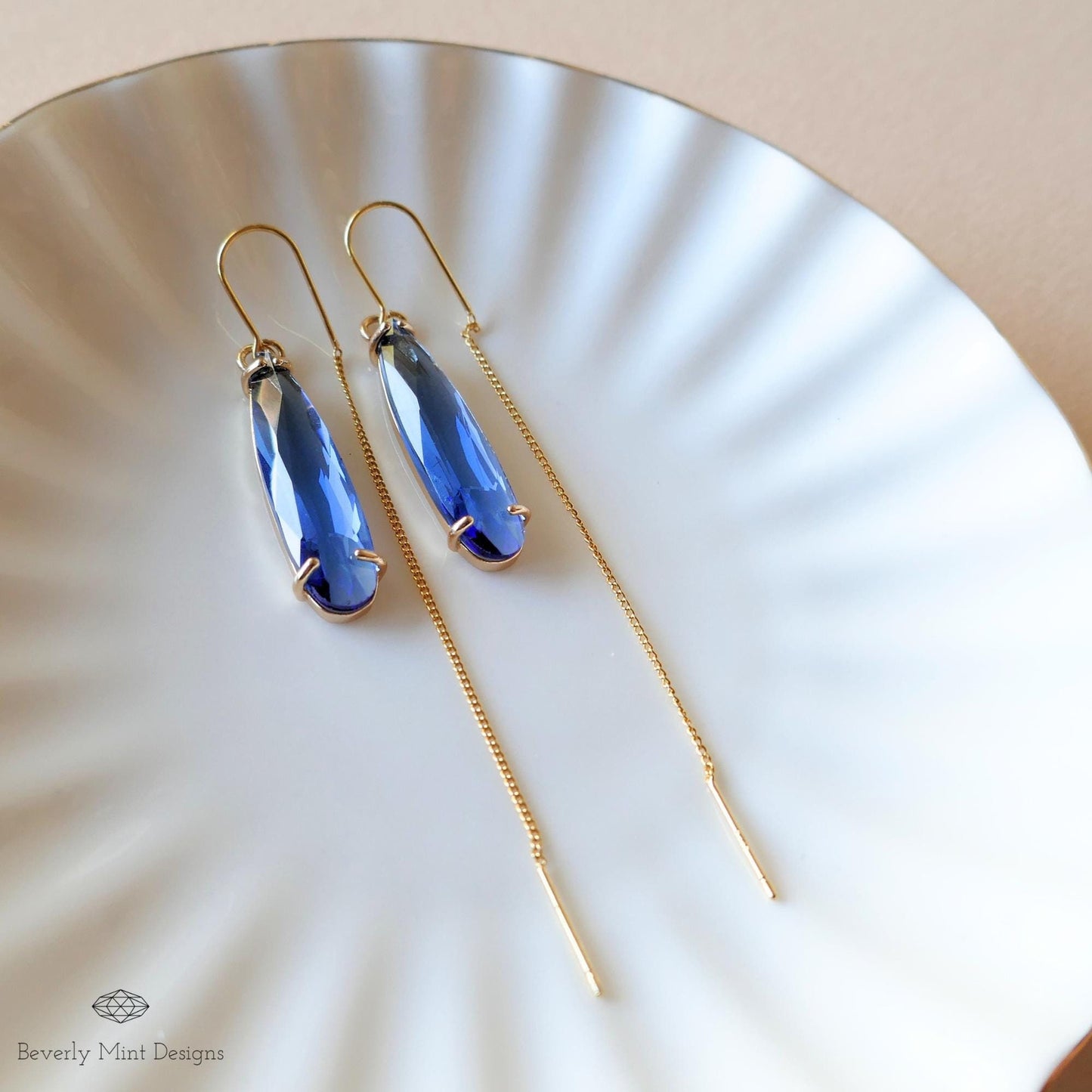 Blue Crystal Drop Threader Earrings ,Blue Statement Earrings ,Elegant Dangle Earrings for Women ,Something Blue Earrings, Handmade Jewelry