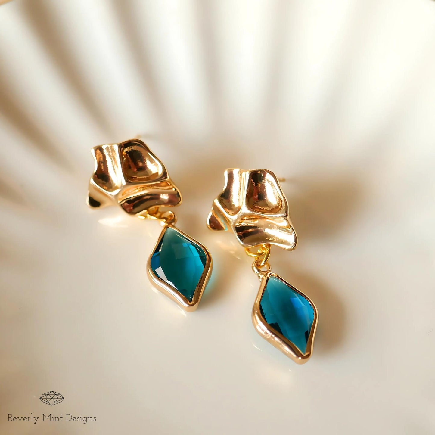 Gold Sculptural Earrings, Blue Gemstone Dangle Earrings, Modern Statement Jewelry for Women