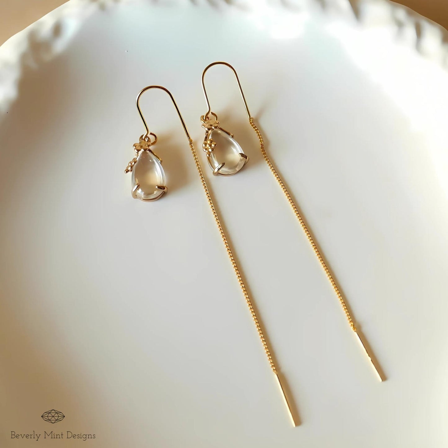 Gold Threader Earrings, Teardrop Dangle Earrings, Floral Long Chain Earrings, Minimalist Jewelry for Women, Gift for Her, Gift For Her