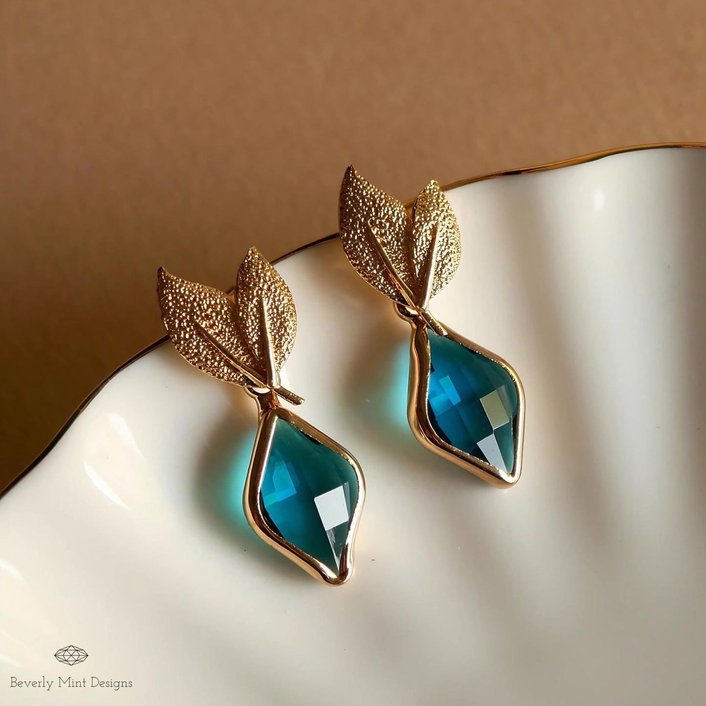 Gold Leaf Earrings, Blue Gemstone Dangle Earrings, Nature-Inspired Jewelry for Women, Something Blue Earrings