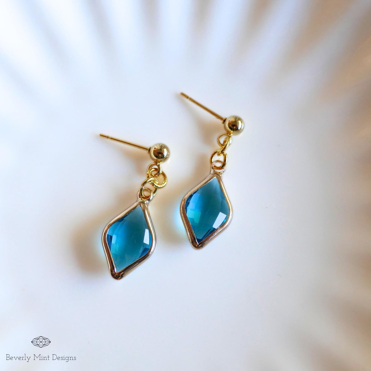 Blue Crystal Stud Earrings , Gold Minimalist Dangle Earrings , Small Drop Earrings for Women ,Something Blue Earrings, Handmade Jewelry Gift