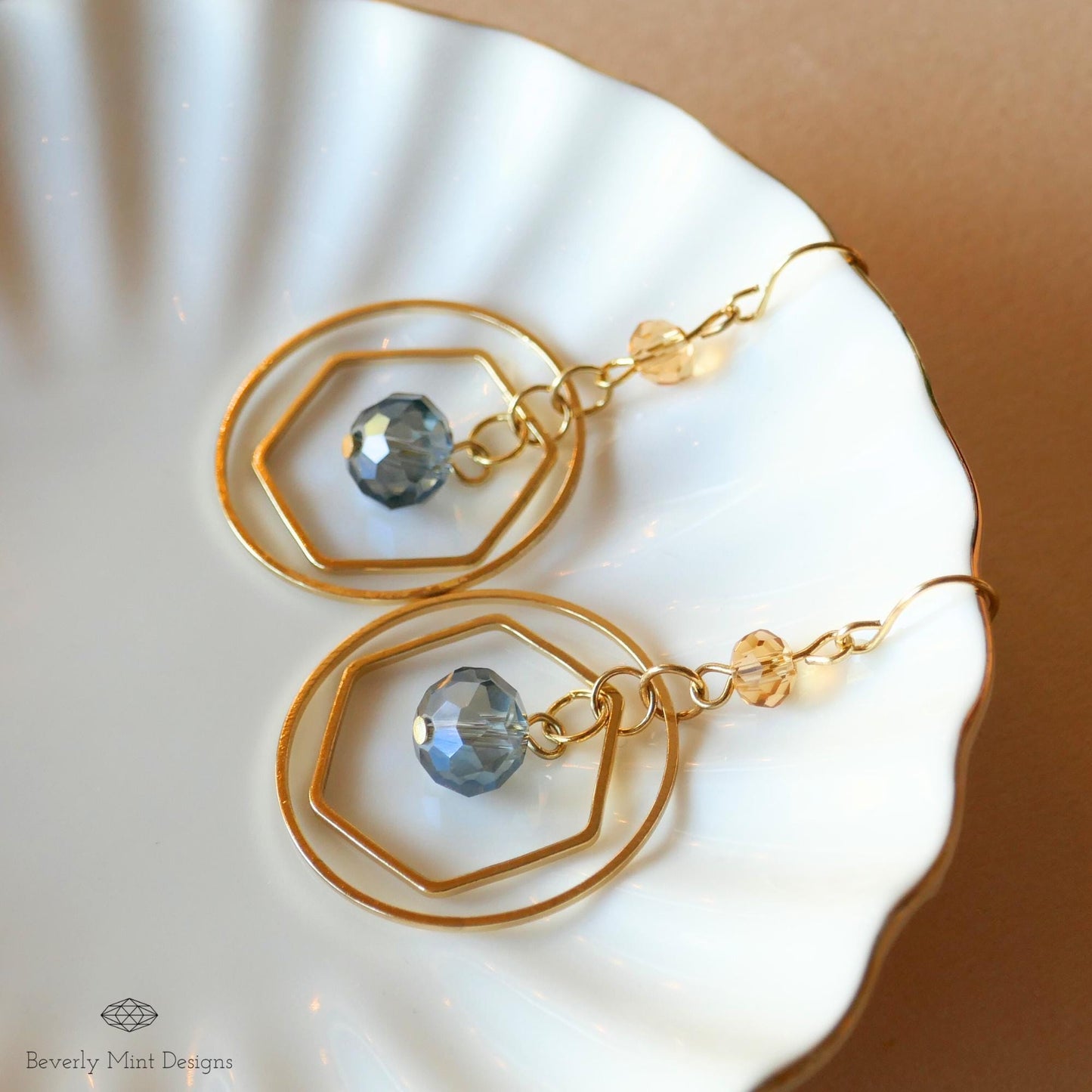 Gold Geometric Dangle Earrings with Blue Beads , Lightweight Dangle Earrings for Gifts, Unique Gift, Gift For Her