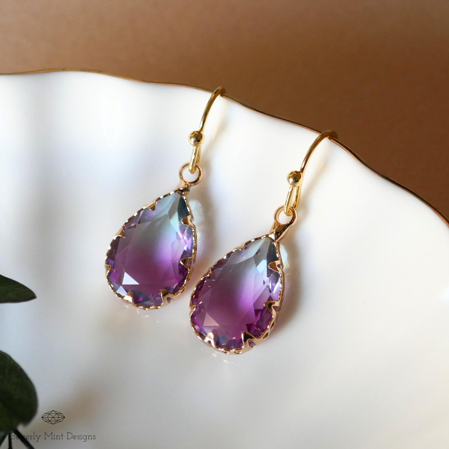Purple Ombre Teardrop Earrings , Faceted Crystal Drop Earrings , Gold Dangle Earrings for Women, Gold and Purple Statement Earrings