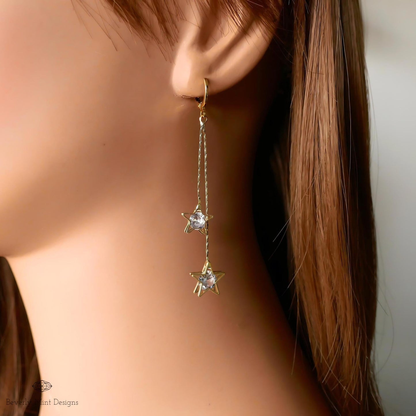 18K Gold Dangle Earrings with Crystal Stars, Hollow Star Earrings, Star Drop earrings, Cubic zirconia Drop Earrings, Gold Star Earrings