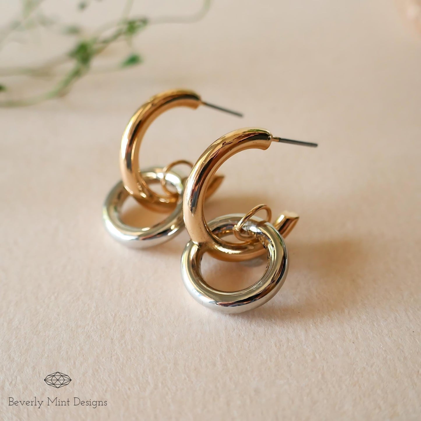 Gold and Silver Double Hoop Earrings , Minimalist Chunky link Earrings , Bold Fashion Earrings , Gift for Her, Gift For Her