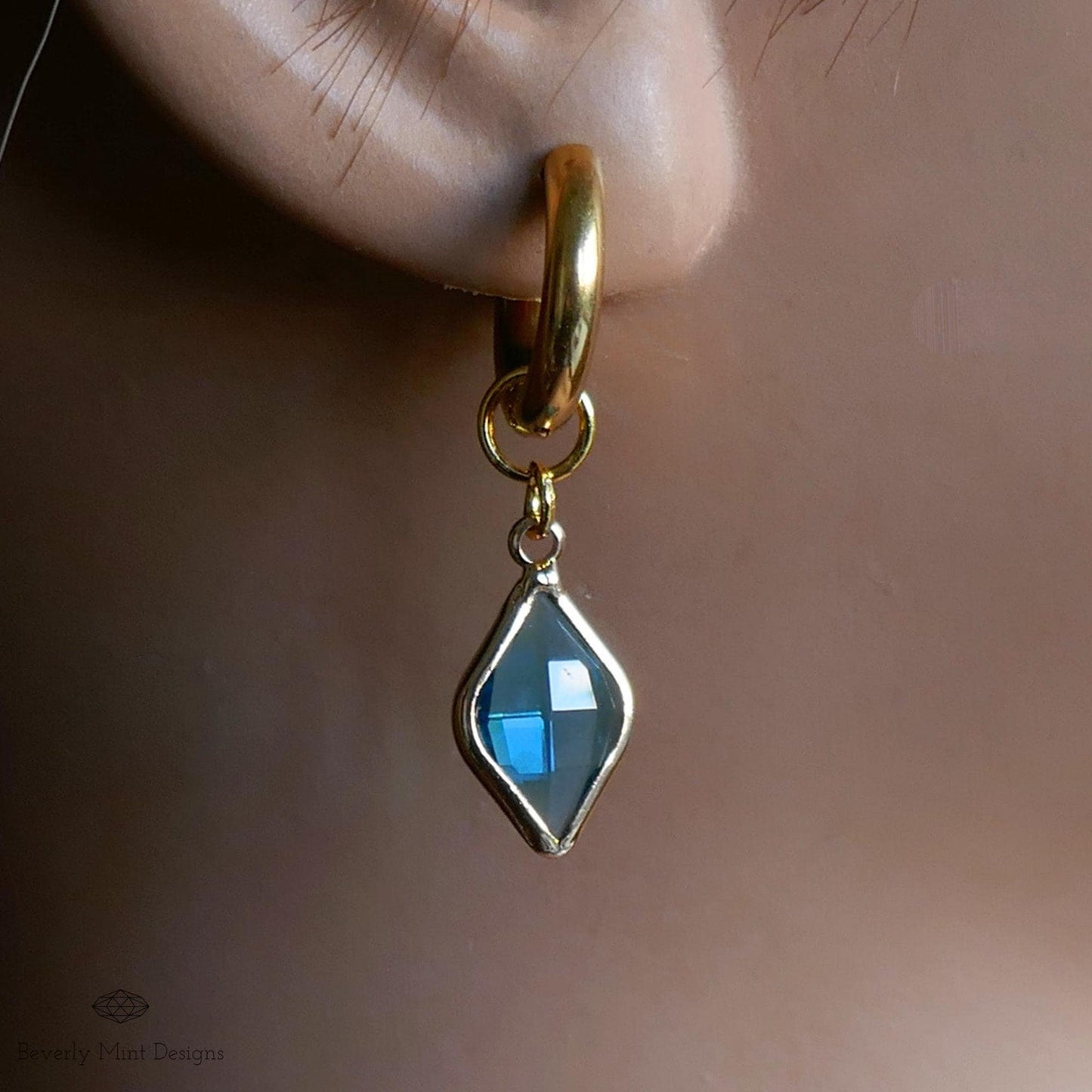 Gold Huggie Earrings with Blue Crystal Charm , Minimalist Drop Earrings ,Blue Stone Earrings for Women , Handmade Gift Jewelry, Gift For Mom