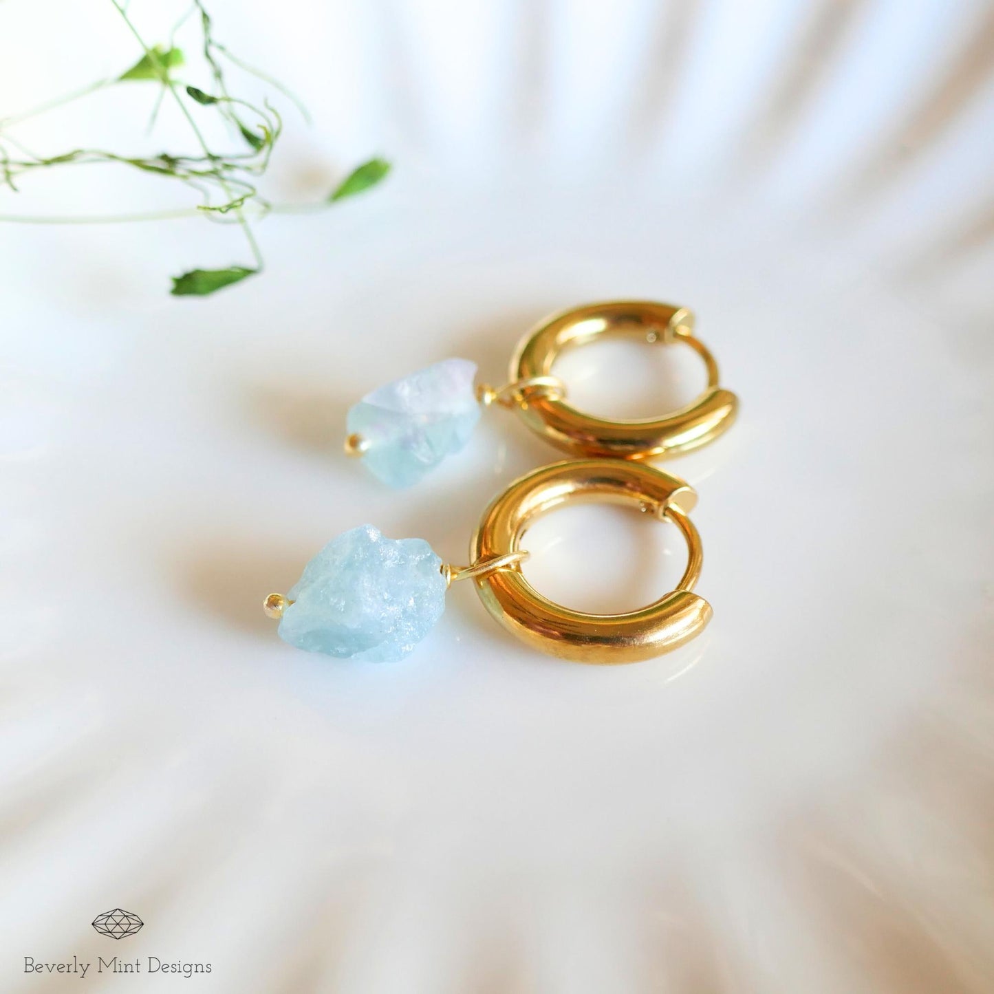 Raw Aquamarine Earrings, Green Raw Stone Earrings, 18K Gold Huggie Hoop Earrings with March Birthstone, Blue Earrings, Chakra Stone For Gift