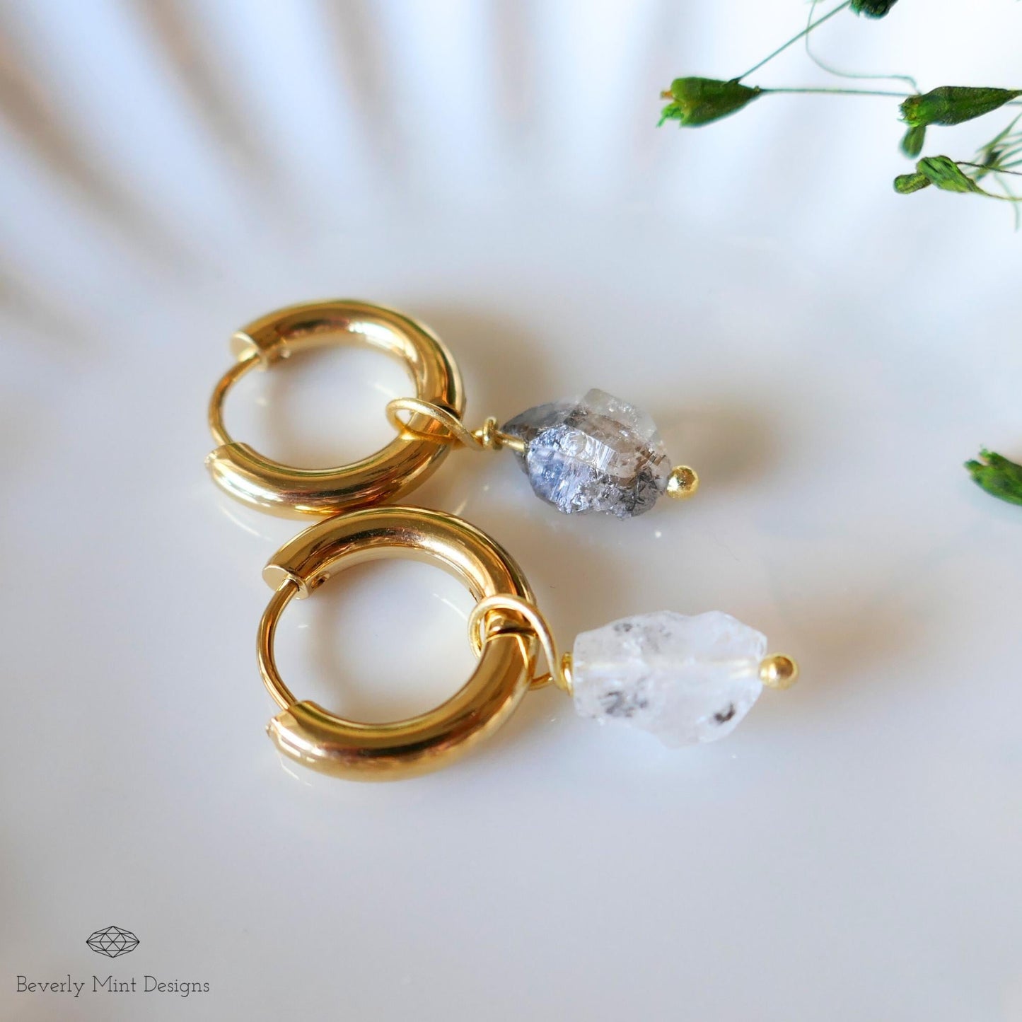 Raw Herkimer Diamond Earrings, Clear Raw Stone Earrings, 18K Gold Huggie Hoop Earrings with April Birthstone, Chakra Stone for Gift