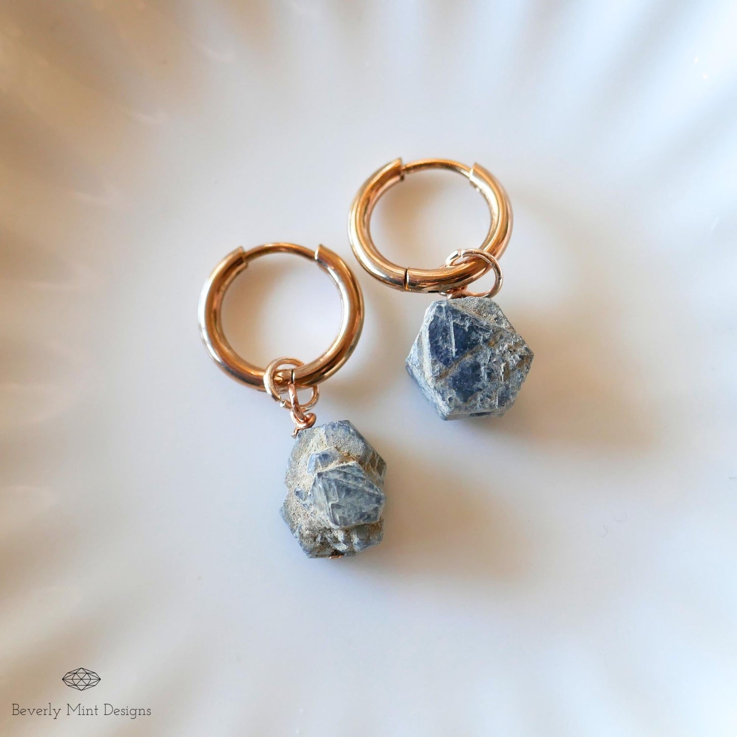 Sapphire Earrings, Rose Gold Huggie Hoop Earrings with September Birthstone, Natural Stone Earrings , Raw Stone, Gift for Her