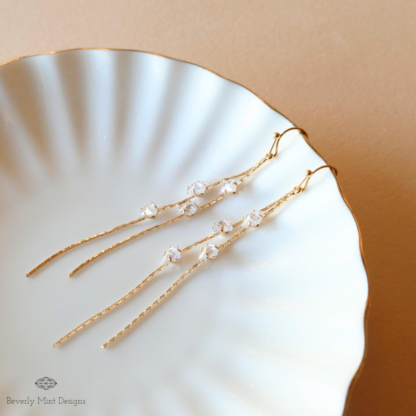 Gold Crystal Long Earrings, Long Dangle Earrings for Women, Minimalist, Elegant Drop Earrings, Wedding Jewelry, Bridesmaids Gift