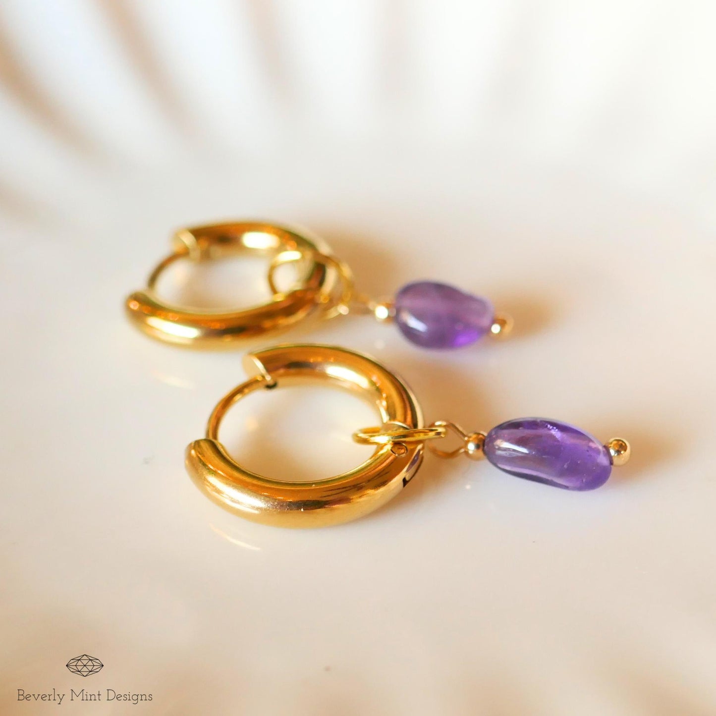 Gold Hoop Earrings with Amethyst , Minimalist Gold Huggie Earrings, February Birthstone Jewelry, Purple Earrings, Handmade Gift for Her