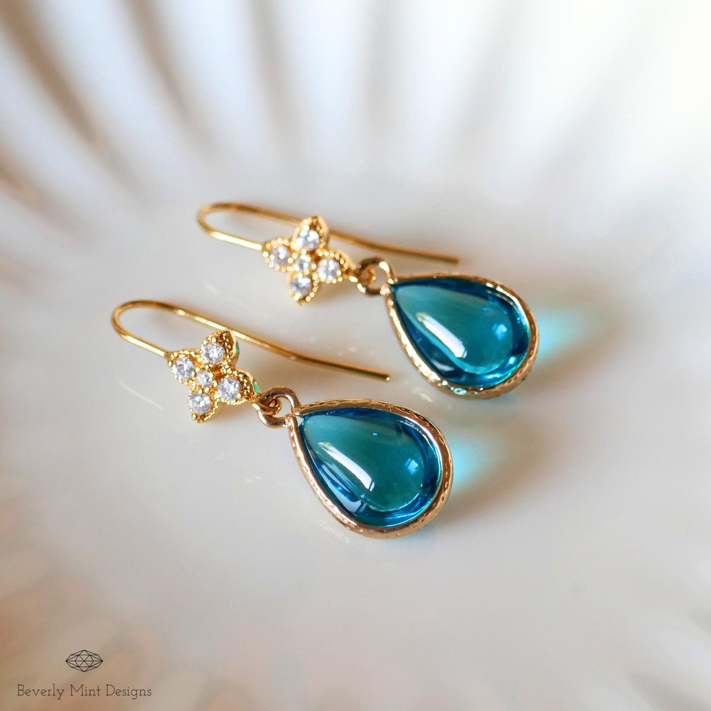 Deep Blue Teardrop Earrings, Blue Teardrop Earrings , Gold Bridal Dangle Earrings with Crystal Accents, Vintage-Inspired Blue Drop Earrings