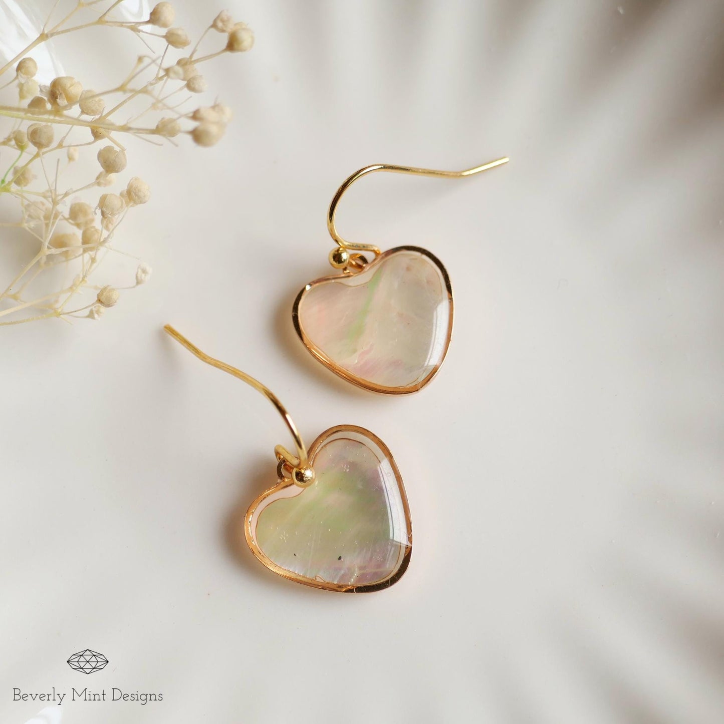 Mother of Pearl Heart Hoop Earrings, Gold Dangle Earrings, Romantic Gift for Her, Minimalist Jewelry, Bridesmaid Earrings