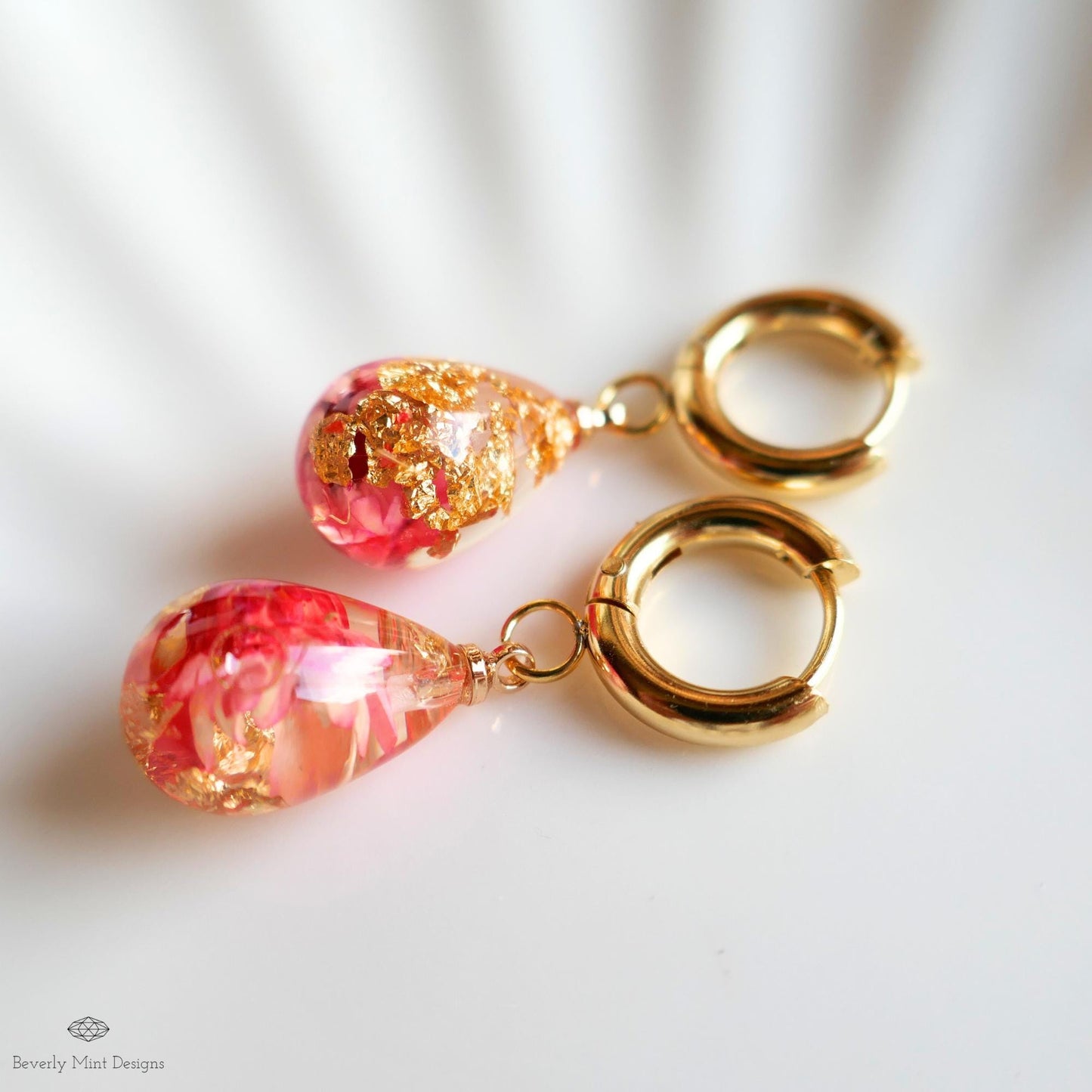 Red Flower Resin Earrings Teardrop Dangle Earrings Gold Hoop Botanical Jewelry Handmade Nature Earrings Gift for Her
