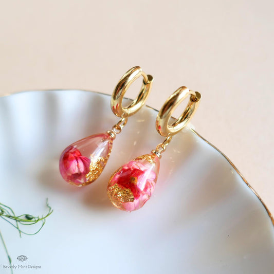 Red Flower Resin Earrings Teardrop Dangle Earrings Gold Hoop Botanical Jewelry Handmade Nature Earrings Gift for Her
