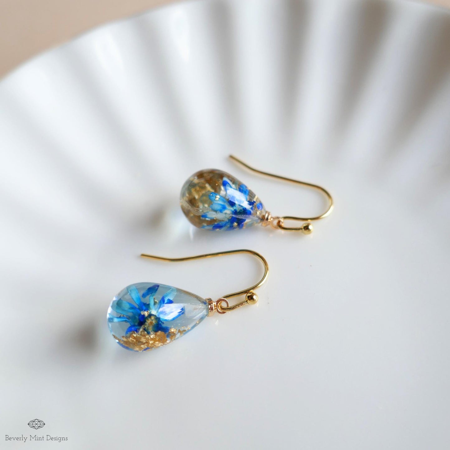 Blue Flower Resin Earrings Teardrop Dangle Blue Earrings Dry Flower Gold Hoop Botanical Jewelry Handmade Nature Earrings Gift Something Blue