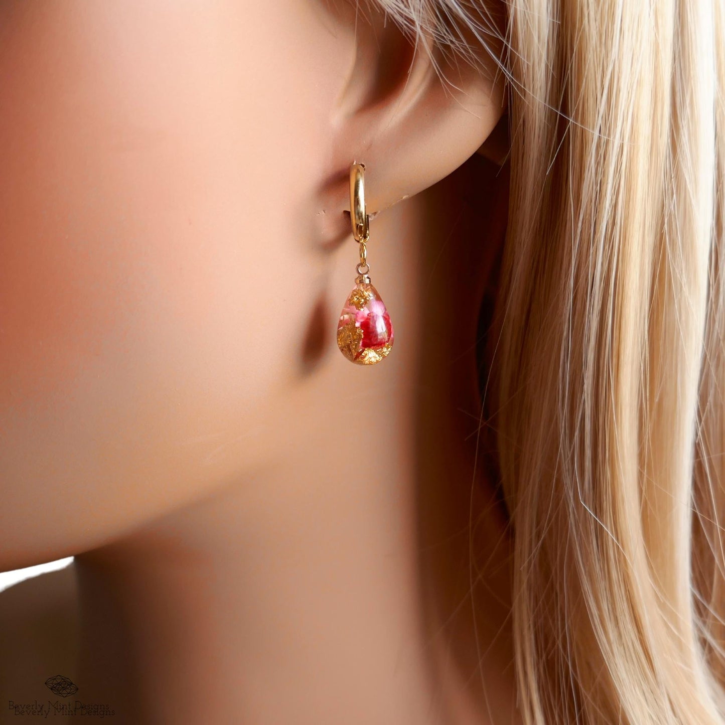 Red Flower Resin Earrings Teardrop Dangle Earrings Gold Hoop Botanical Jewelry Handmade Nature Earrings Gift for Her