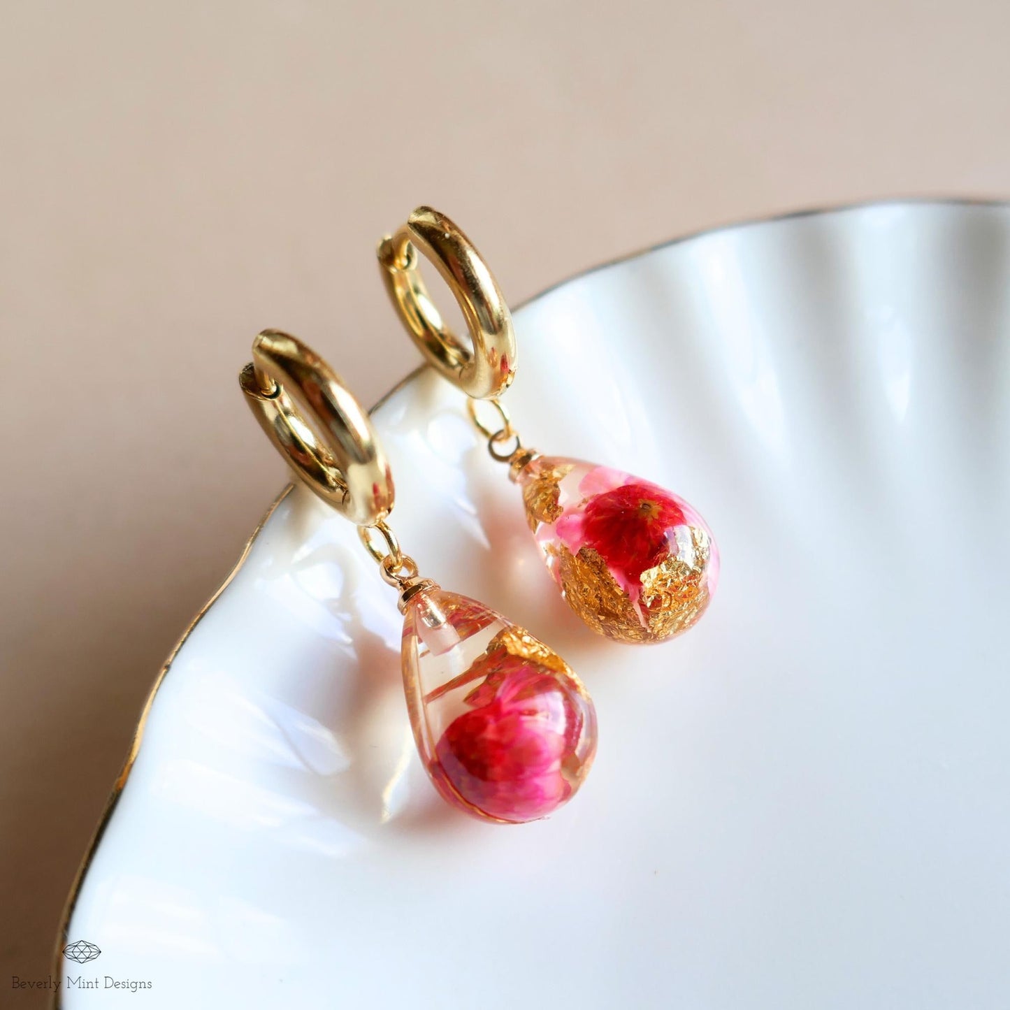 Red Flower Resin Earrings Teardrop Dangle Earrings Gold Hoop Botanical Jewelry Handmade Nature Earrings Gift for Her
