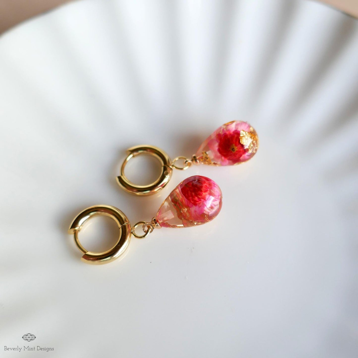 Red Flower Resin Earrings Teardrop Dangle Earrings Gold Hoop Botanical Jewelry Handmade Nature Earrings Gift for Her