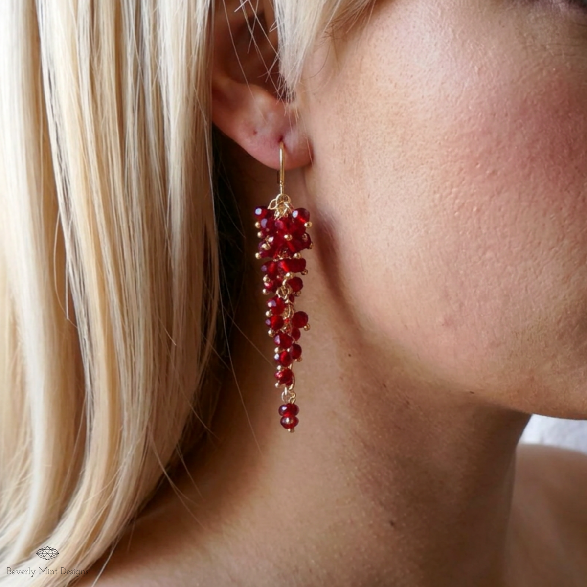 Red Crystal Cluster Threader Earrings