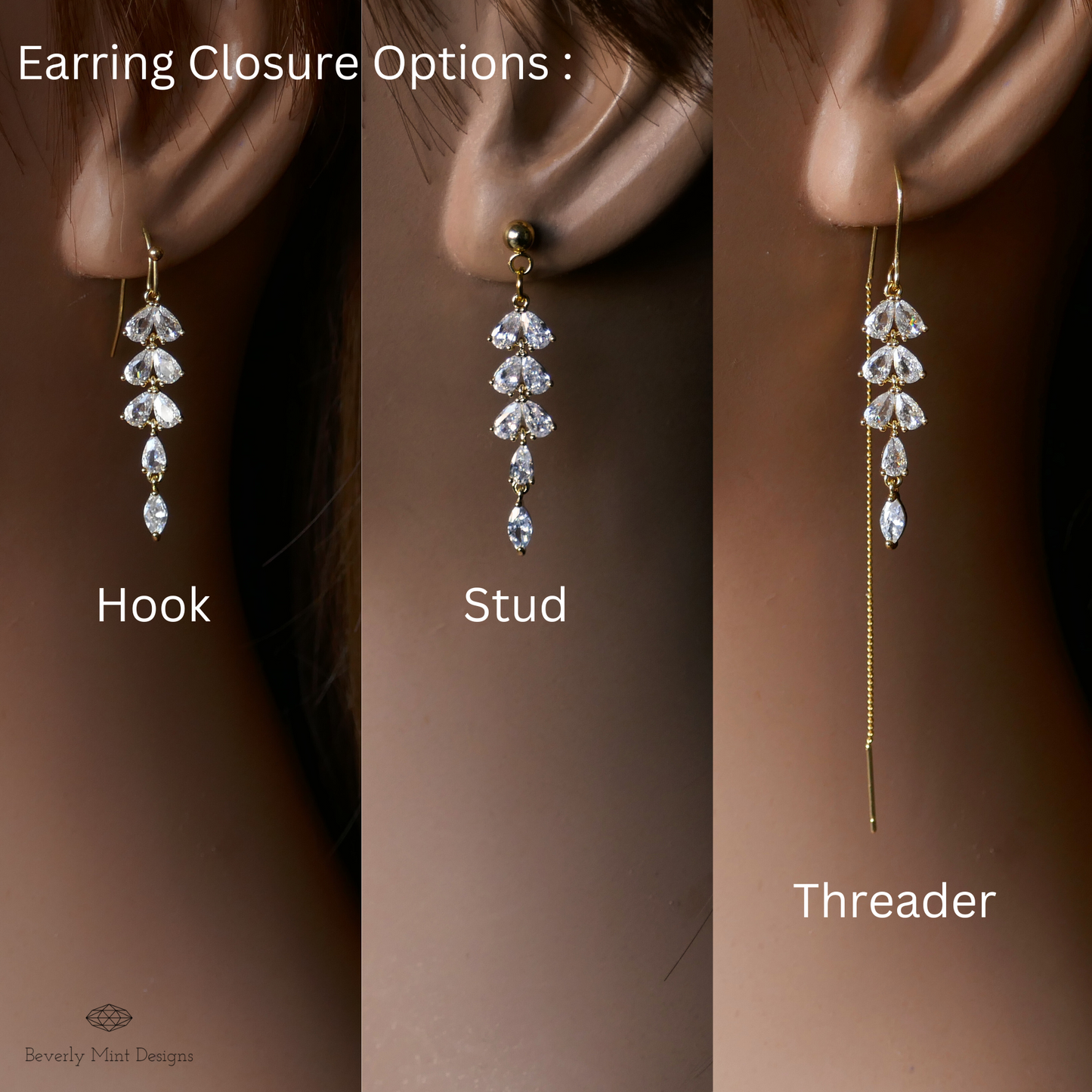three different types of earrings with varying closure options: a hook earring, a stud earring, and a threaded earring.