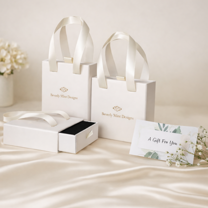 Beverly Mint Designs white gift box with ribbon handles and complimentary message card