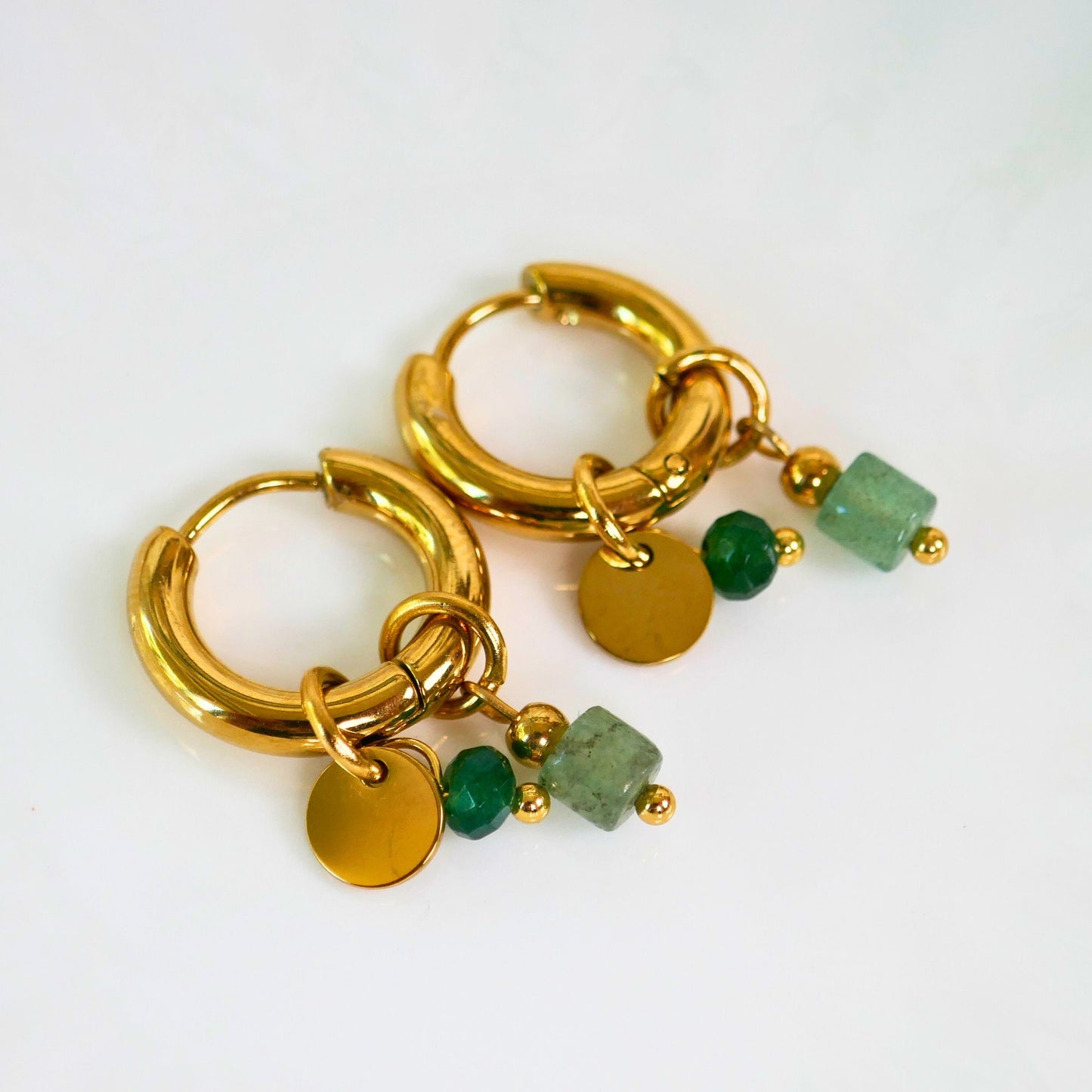 Vintage Style Hoop Earrings 18K Gold Plated Small Earrings, Green earrings Minimalist Earrings Gold Dangle Earrings
