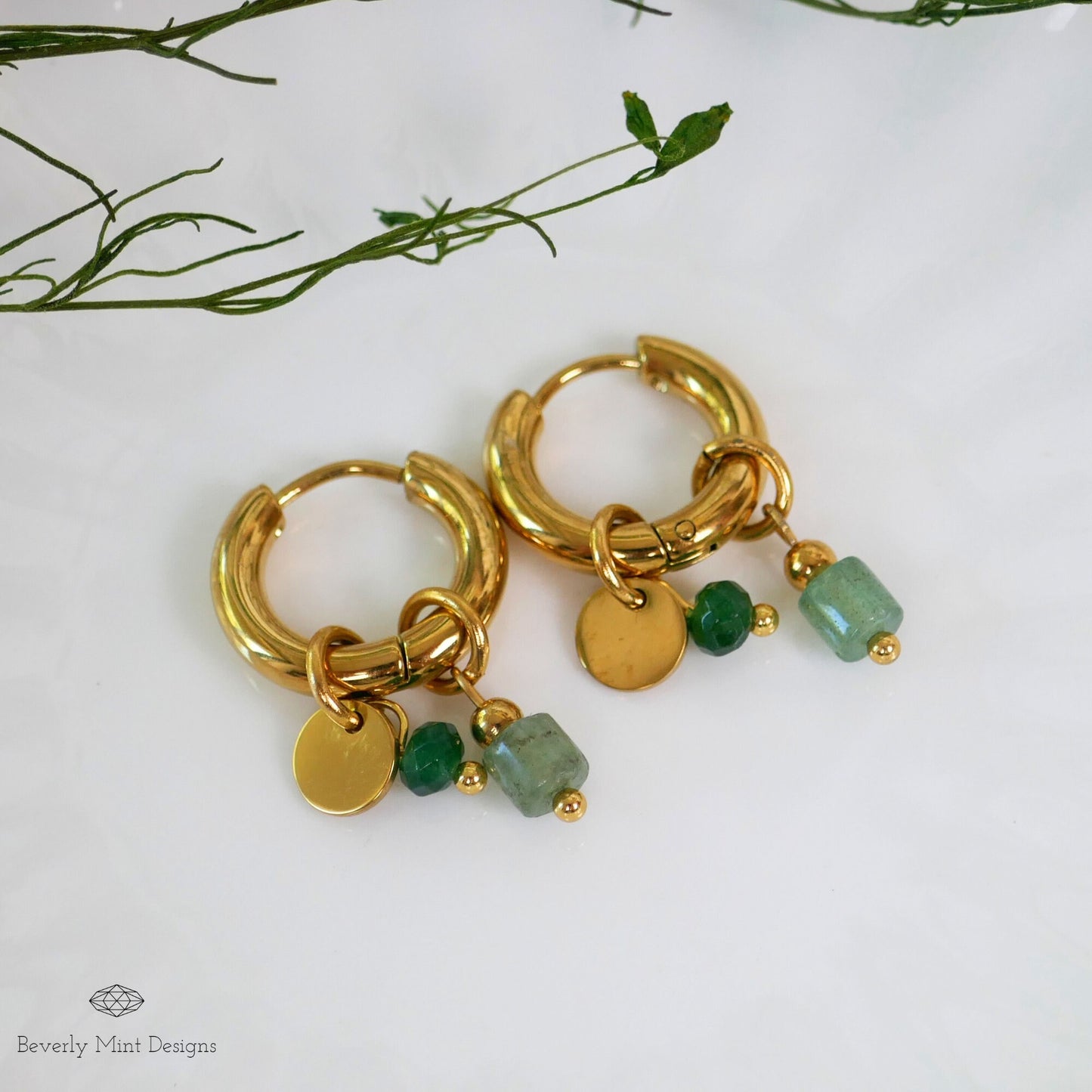 Vintage Style Hoop Earrings 18K Gold Plated Small Earrings, Green earrings Minimalist Earrings Gold Dangle Earrings