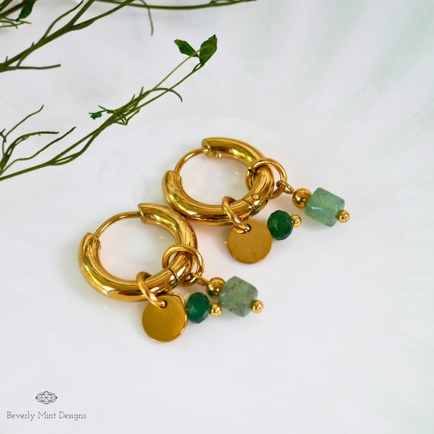 Vintage Style Hoop Earrings 18K Gold Plated Small Earrings, Green earrings Minimalist Earrings Gold Dangle Earrings