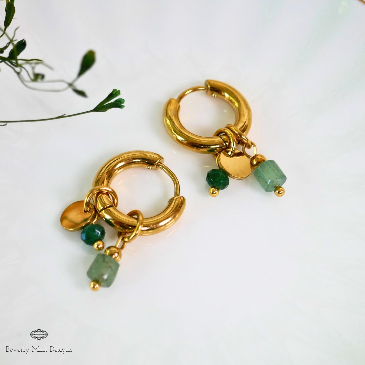 Vintage Style Hoop Earrings 18K Gold Plated Small Earrings, Green earrings Minimalist Earrings Gold Dangle Earrings