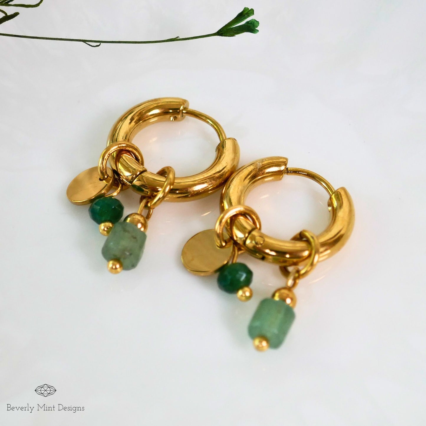 Vintage Style Hoop Earrings 18K Gold Plated Small Earrings, Green earrings Minimalist Earrings Gold Dangle Earrings