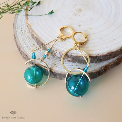 18K Gold Turquoise Glass Ball Earrings, Blue Green Dangle Earrings,Unique Mismatched Design, Sensitive Ear & Clip-On Options