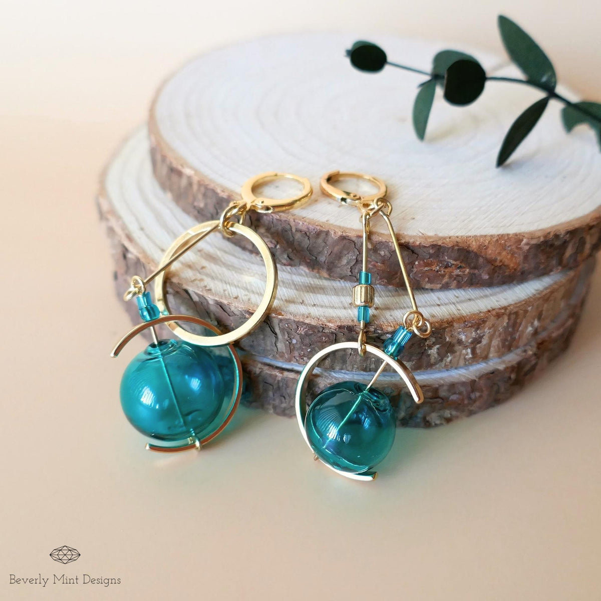 18K Gold Turquoise Glass Ball Earrings, Blue Green Dangle Earrings,Unique Mismatched Design, Sensitive Ear & Clip-On Options