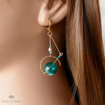 18K Gold Turquoise Glass Ball Earrings, Blue Green Dangle Earrings,Unique Mismatched Design, Sensitive Ear & Clip-On Options