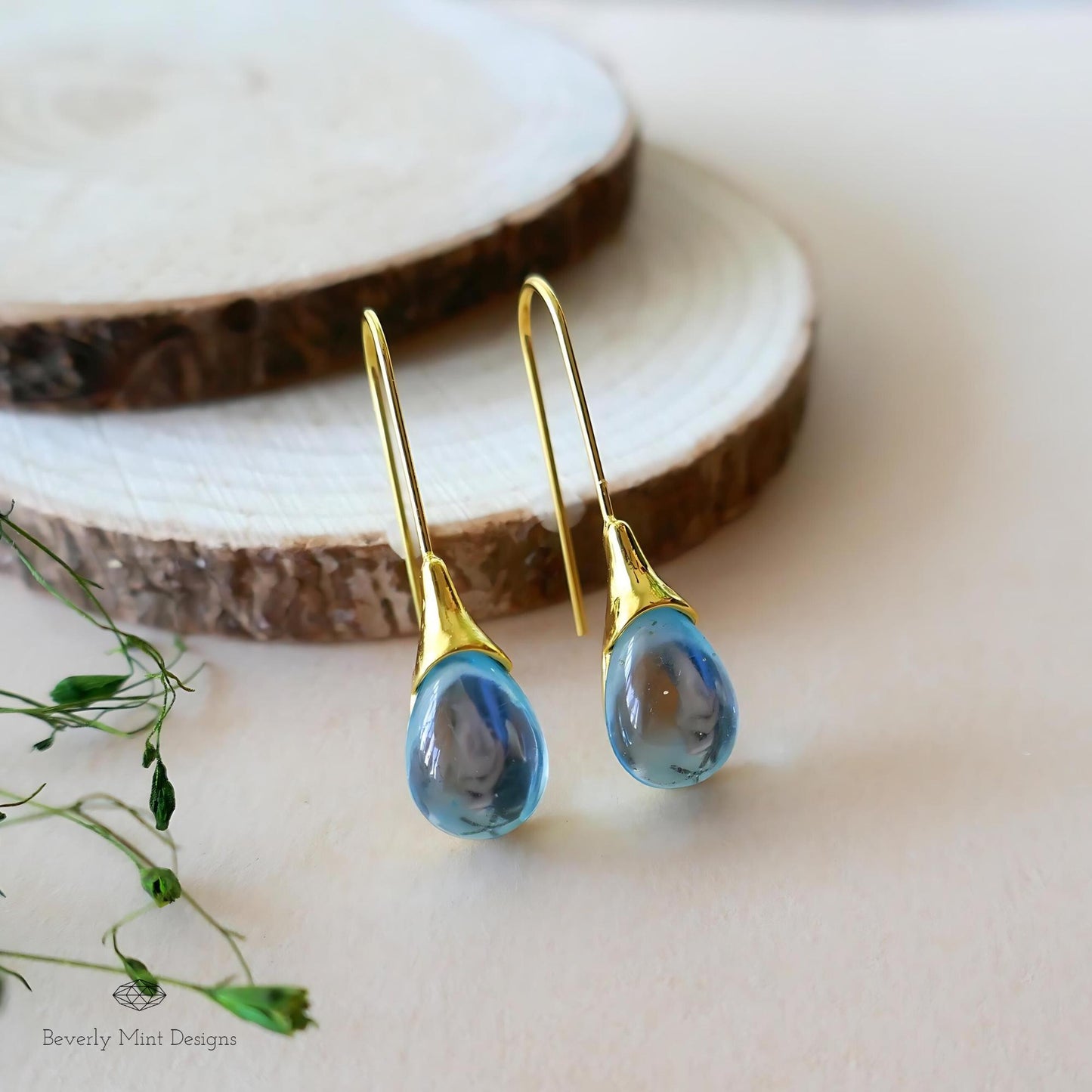 Blue Teardrop Earrings, Blue Gemstone Drop Earrings, Gold Dangle Earrings, Minimalist Jewelry, Unique Gift for Her