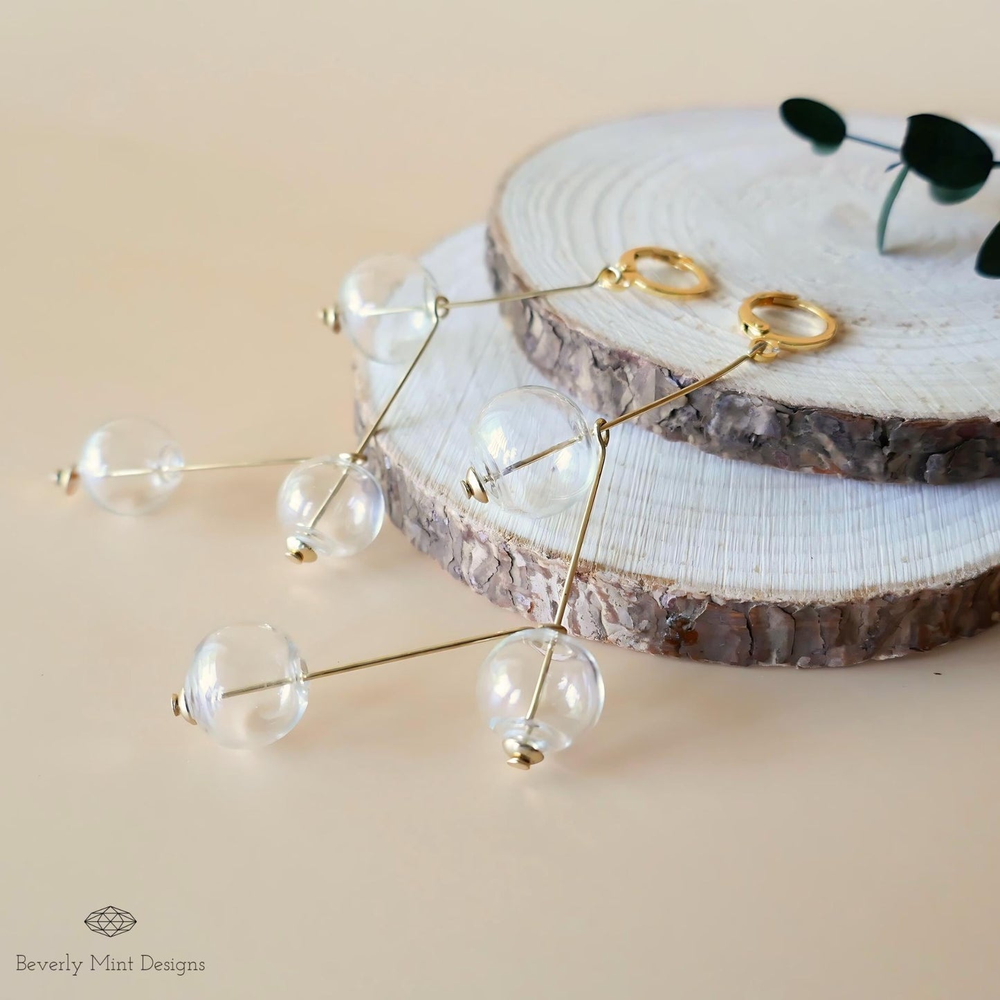 Unique Glass Ball Earrings, Vintage Earrings, Gold Dangle Earrings, Extra Long Drop Earrings, Clear ball Earrings, Mid Century Earrings