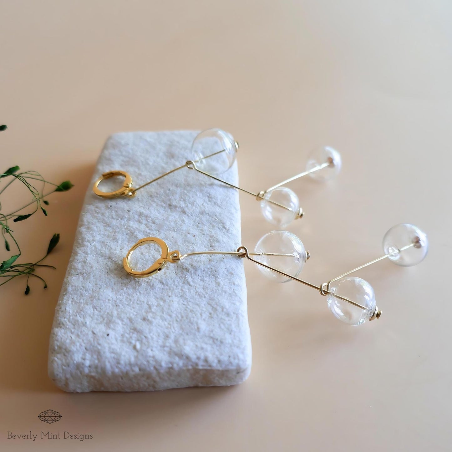 Unique Glass Ball Earrings, Vintage Earrings, Gold Dangle Earrings, Extra Long Drop Earrings, Clear ball Earrings, Mid Century Earrings