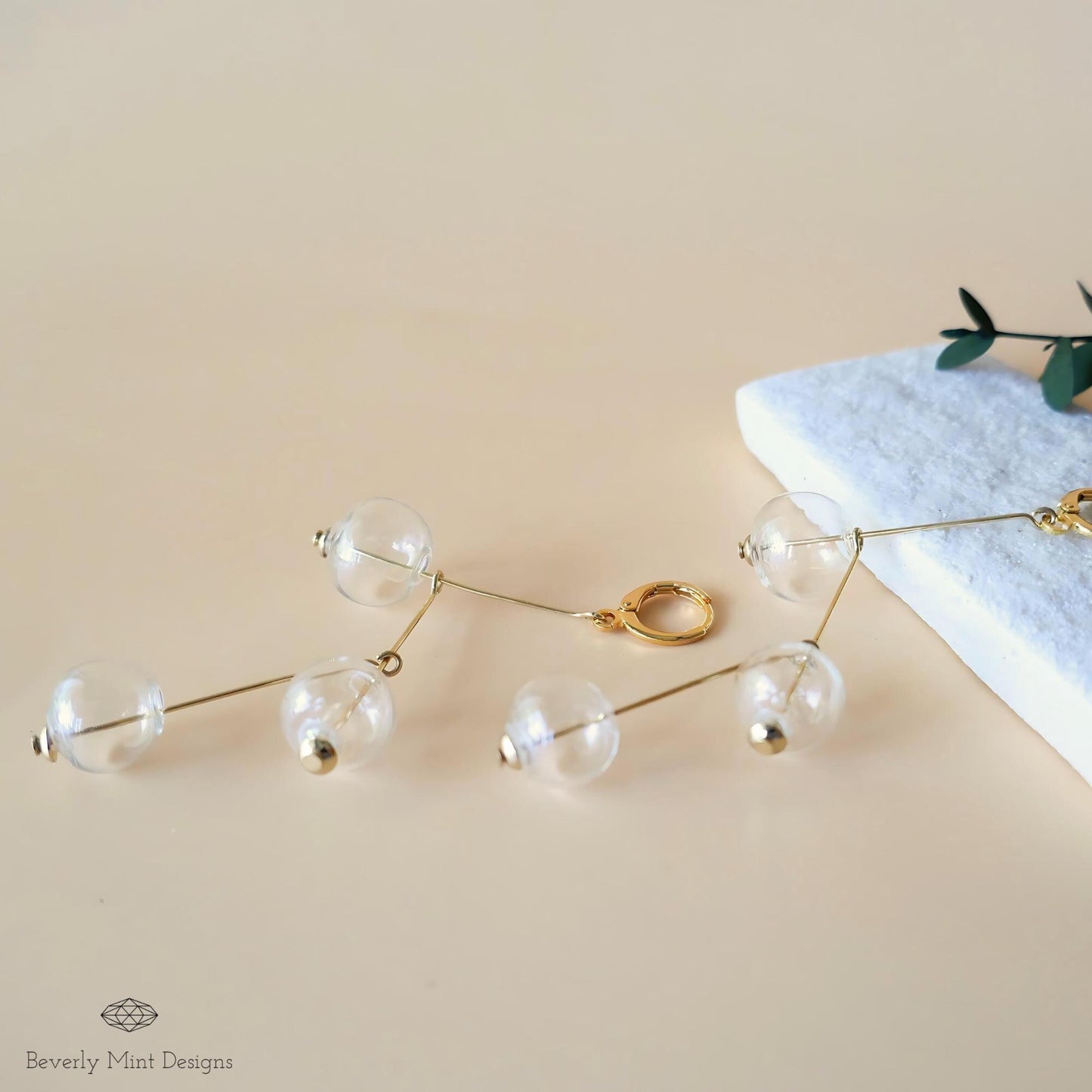 Unique Glass Ball Earrings, Vintage Earrings, Gold Dangle Earrings, Extra Long Drop Earrings, Clear ball Earrings, Mid Century Earrings