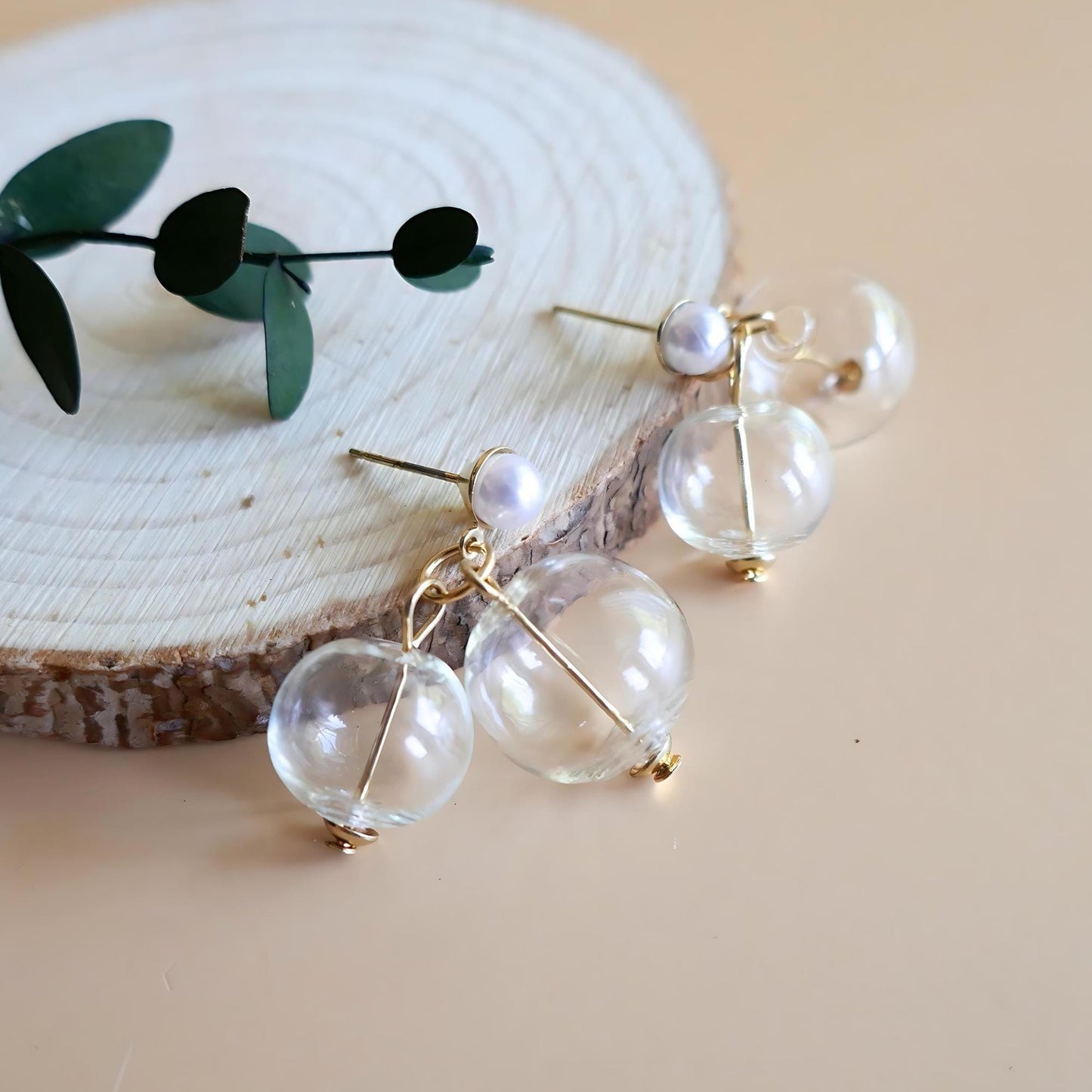 Unique Glass Ball Earrings, Vintage Earrings, Gold Dangle Earrings, Bubble Earrings, Clear ball Earrings, Mid Century Earrings